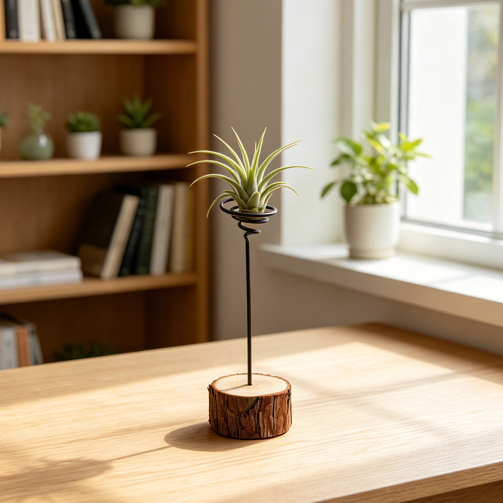 Air Plant Tillandsia - ミニデスクトップエアプランツホルダー、金属製スパイラルデザイン、天然木ベース、小型エアプランツ（ティランジア）用コンテナ、リビングルーム用